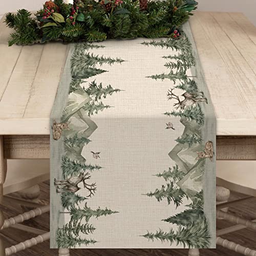 Winter Forest Reindeer Pine Tree Table Runner for Christmas - 13"x48"