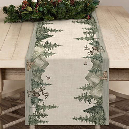 Winter Forest Reindeer Pine Tree Table Runner for Christmas - 13"x48"