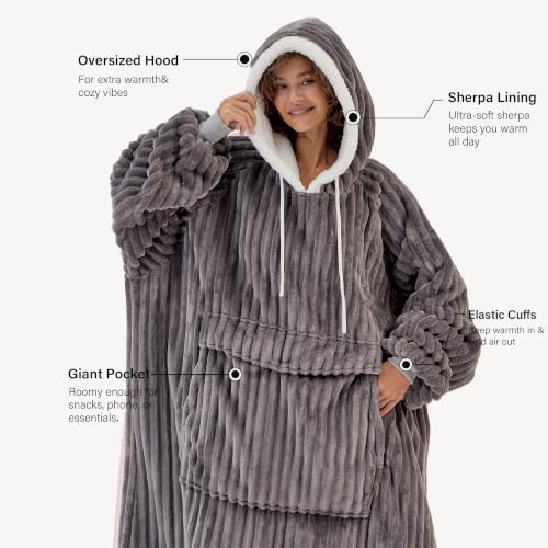 Charcoal Grey Adult Blanket Hoodie Sherpa Sweatshirt - Oversized Cozy Wearable Blanket