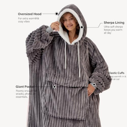 Charcoal Grey Adult Blanket Hoodie Sherpa Sweatshirt - Oversized Cozy Wearable Blanket