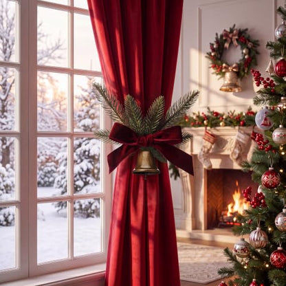 Christmas Velvet Curtain Tiebacks with Jingle Bell & Faux Pine - 2 Pack