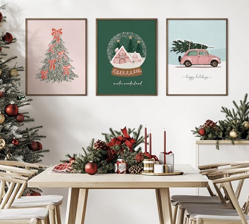 Pink Christmas Wall Art Set of 3 Vintage Holiday Posters 11x14 Inches