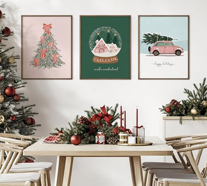 Pink Christmas Wall Art Set of 3 Vintage Holiday Posters 11x14 Inches