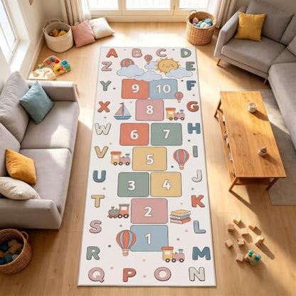 Kids Runner Rug 2x6ft Washable Hallway Carpet with Alphabets and Hopscotch - Color-7
