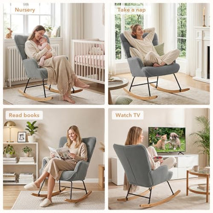 Nursery Glider Rocking Chair with Teddy Fabric & Solid Wood Base - Grey