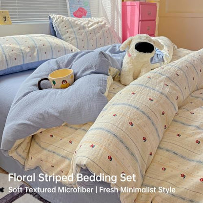 Reversible Blue & White Tulip Floral Duvet Cover Queen Size 90x90 with Pillowcases