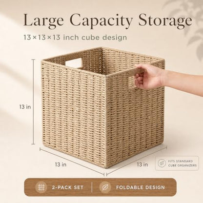 Wicker Storage Basket Set of 2, 13x13x13 Inch Foldable Cube Bins with Handles