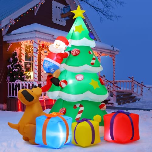 7 FT Inflatable Christmas Tree with LED Lights, Outdoor Yard Decor, Claus & Gift Boxes