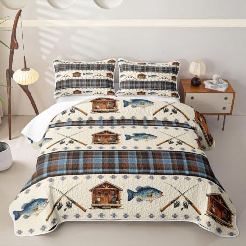 Gone Fishing King Size Quilt Set Brown Blue - All-Season Bedspread & Pillowcases