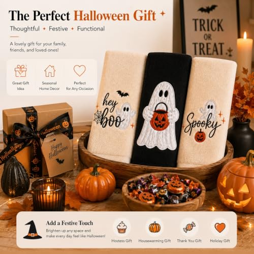 Halloween Hand Towels Set of 3 - Embroidered Ghost Pumpkin Spooky Decor 14x30