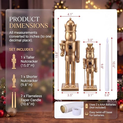 Christmas Nutcracker Candle Holders Set with LED Flameless Candles, Gold Finish