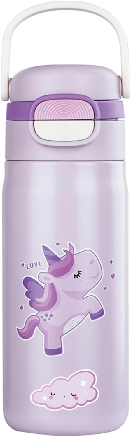 Skiennix Insulated Water Bottle for Kids - Leak-Proof Tumbler with Straw | Purple Unicorn Design