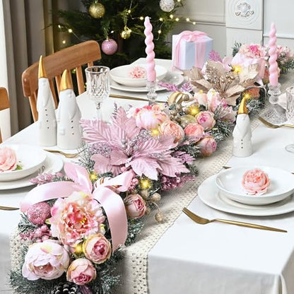 Pink 9FT Christmas Garland with Lights, Flocked Rose Gold Decor, Berries & Pinecones