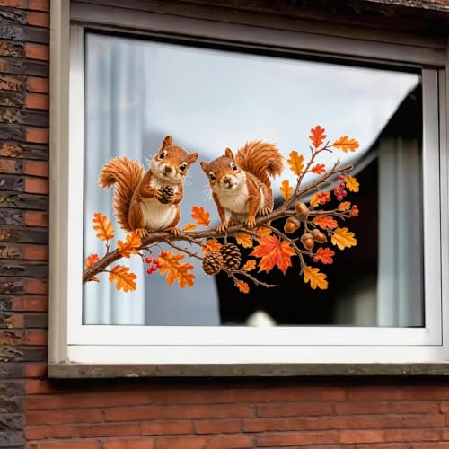 Fall Window Clings Stickers Squirrel & Pine Cones Autumn Decorations - Squirrel Pine Cones Variation