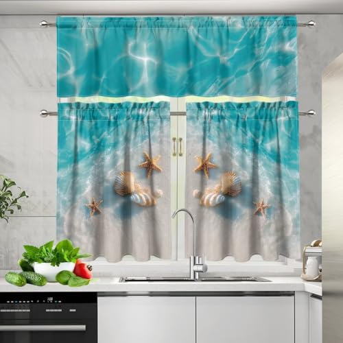 Beach Kitchen Curtains Tier and Valance Set 3 Pieces - 27.5W x 24L