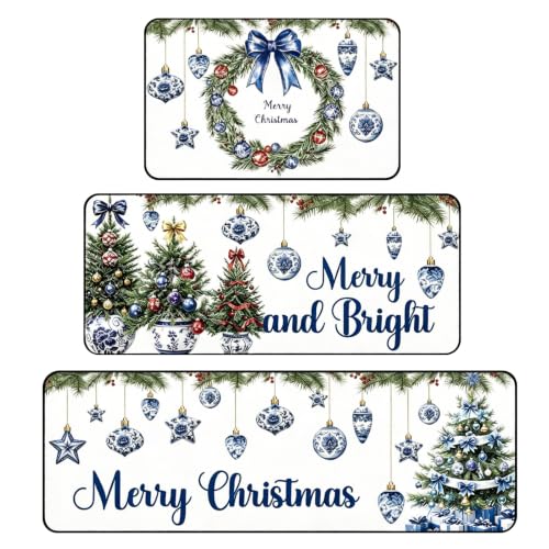 Christmas Kitchen Rugs Set - Blue White Chinoiserie Holiday Mats, 3-Piece