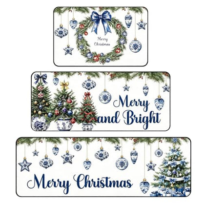 Christmas Kitchen Rugs Set - Blue White Chinoiserie Holiday Mats, 3-Piece