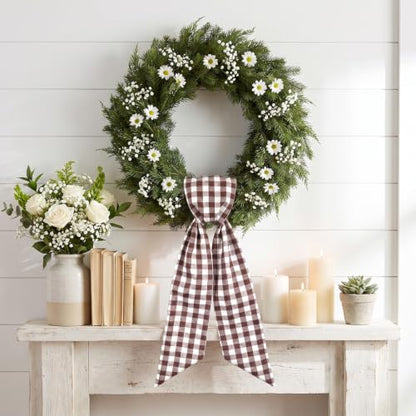 Brown White Plaid Christmas Wreath Sash - Front Door Ribbon - Variation C