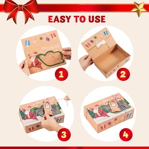 24-Piece Christmas Cookie Boxes with Window - Kraft Design Pastry Box Set, Auto-Popup Gift Boxes 8.75 x 5.75 x 2.75, JOYIN