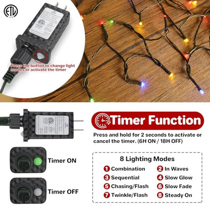 FairyGlim 100 LED Multicolor String Lights - 33FT Waterproof Connectable Christmas Lights with Timer & 8 Modes, Green Wire