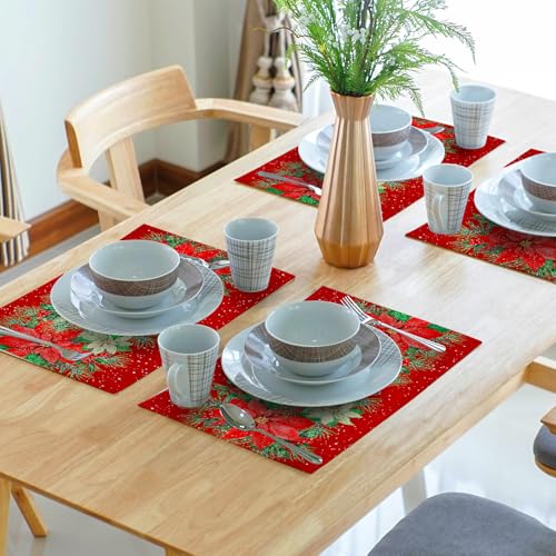Red Poinsettias Placemats Set of 4 - 12 x 18 Inch Winter Holiday Table Decor