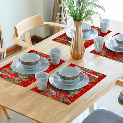 Red Poinsettias Placemats Set of 4 - 12 x 18 Inch Winter Holiday Table Decor