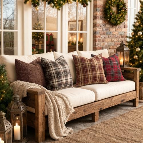 18x18 Inch Tartan Plaid Throw Pillow Covers Set of 2 Coffee Brown Fall