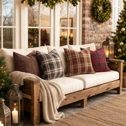 18x18 Inch Tartan Plaid Throw Pillow Covers Set of 2 Coffee Brown Fall