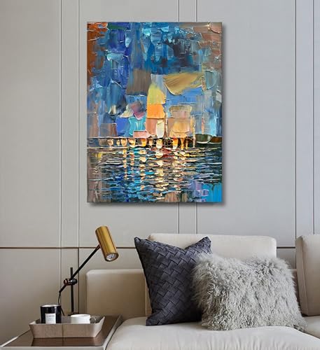 Limiyer Art Hand-Painted Abstract Landscape Oil Painting Sea Landscape Modern Abstract Art Home Wall Decoration 40x28 Inches