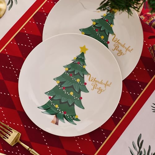 Christmas Plates Set of 6 - 8 Inch Bone China Holiday Tree Dessert Plates - Microwave & Dishwasher Safe - Gift for Family