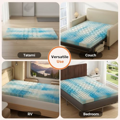 Sweetcrispy 4in Blue Memory Foam Mattress Topper Queen Cooling Bed Pad