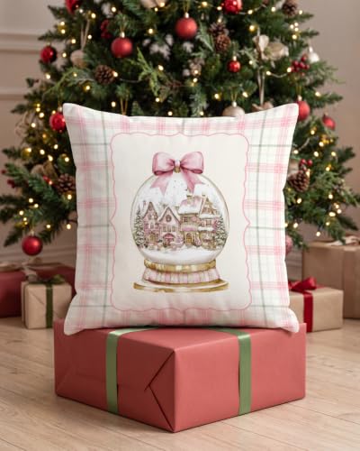 Christmas Snow Globe Pillow Cover 18x18 Pink Village Holiday Decor - Pink Plaid Variation