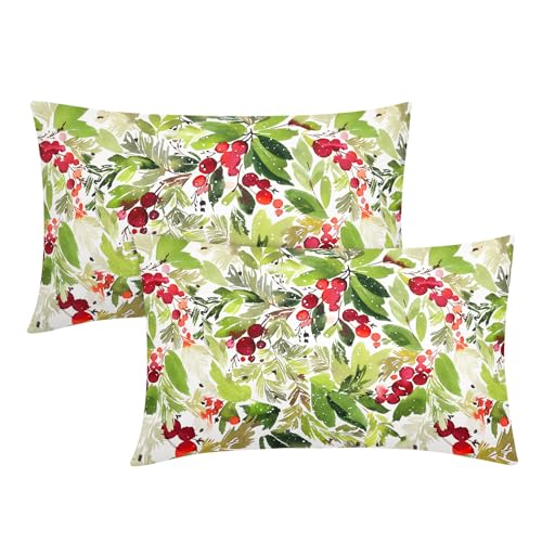 J-Green Christmas Watercolor Holly Lumbar Pillow Covers Set of 2 12x20 Inches Seasonal Decor