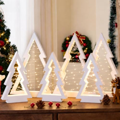 6 Pcs Wooden Christmas Trees with Lights Set - White Tabletop Holiday Decor - Variation of 6