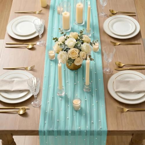 10-Pack Turquoise Pearl Gauze Table Runners 28x120 Inches Home Decor