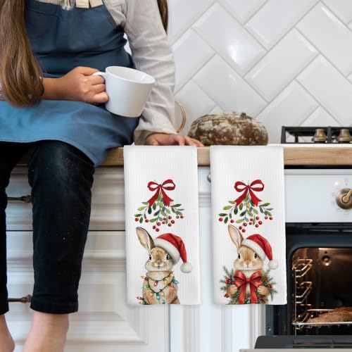 Christmas Bunny Kitchen Towels Set of 2 - Holiday Rabbit Decor, Bunny Variation