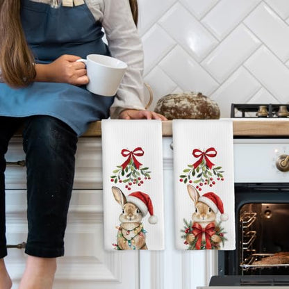 Christmas Bunny Kitchen Towels Set of 2 - Holiday Rabbit Decor, Bunny Variation