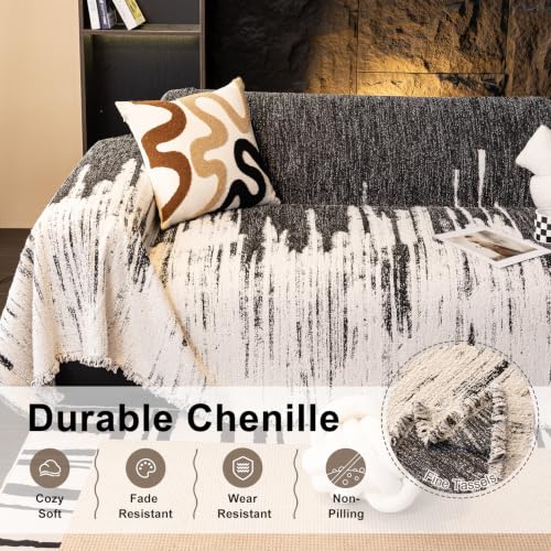 Boho Chenille Sofa Cover 71x134 Inches Washable for Pet Protection - Grey Black