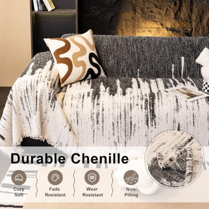 Boho Chenille Sofa Cover 71x134 Inches Washable for Pet Protection - Grey Black