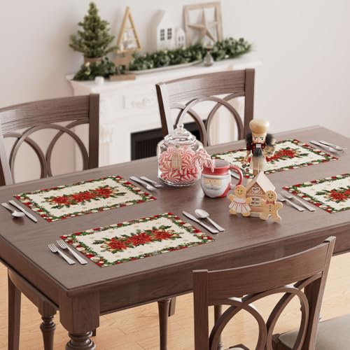 Christmas Poinsettias Leaves Bells Snowflakes Holiday Placemats Set of 4 12x18 Inch