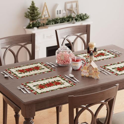 Christmas Poinsettias Leaves Bells Snowflakes Holiday Placemats Set of 4 12x18 Inch