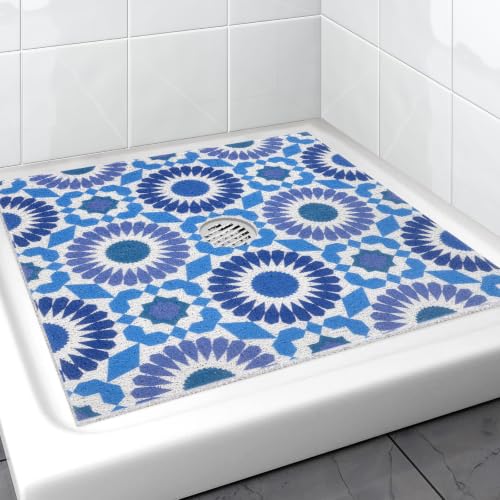 Blue Pattern Square Shower Mat Non Slip 24x24 Inch with Drain Hole - Loofah Surface