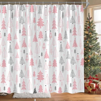 Pink Gray Christmas Tree Shower Curtain 70x70 Inch with Hooks - Festive Holiday Bathroom Decor