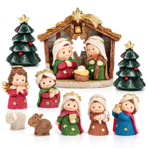 Christmas Nativity Set with LED Lights - 13 Piece Holy Family Figurines - Red Variation
