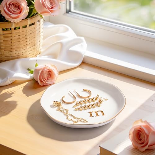 Personalized Ceramic Jewelry Tray - Gold Rim with Engraved Initial, 4.75" Gift for Women - Gold-a