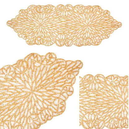 Beaded Table Runner 13x36 Inches - White/Golden Holiday Farmhouse Decor