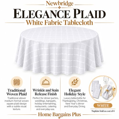 Newbridge Holiday Elegance Plaid Round Tablecloth 70 Inch - White