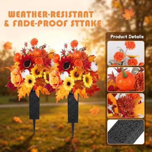 Artificial Fall Cemetery Flowers for Grave - Orange Mums & Pumpkins with Variation Wine