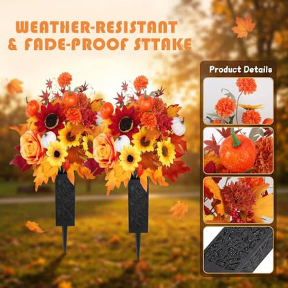 Artificial Fall Cemetery Flowers for Grave - Orange Mums & Pumpkins with Variation Wine