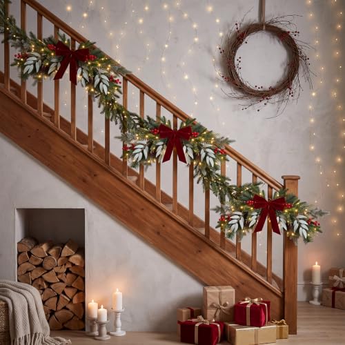 Christmas Swag Decorations with Lights, Red Bow and Pine - 4 Pack Variation of Red Pine